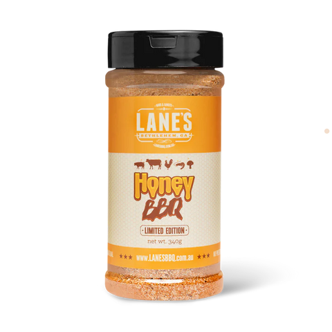 Jar of Lanes Honey BBQ seasoning on a white background