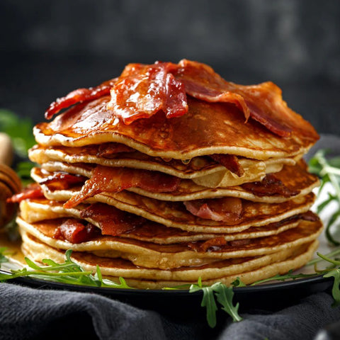 Stack of pancakes with Götzinger Maple Bacon on a dark background