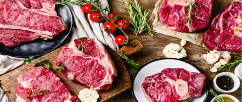A curated selection of premium meats including marbled beef, tender pork, and fresh poultry. Products are displayed in clean packaging with clear labels, showcasing various cuts ideal for roasting, grilling, and home cooking.
