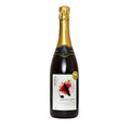 Bottle of sparkling wine with a colorful label on a white background