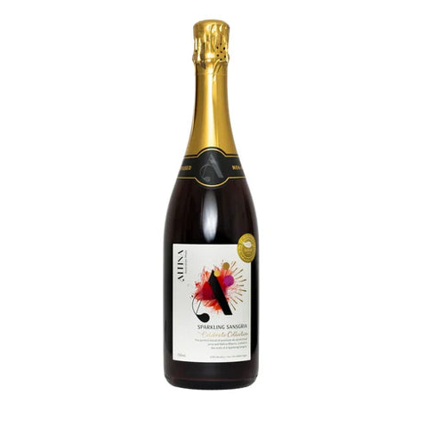 Bottle of sparkling wine with a colorful label on a white background