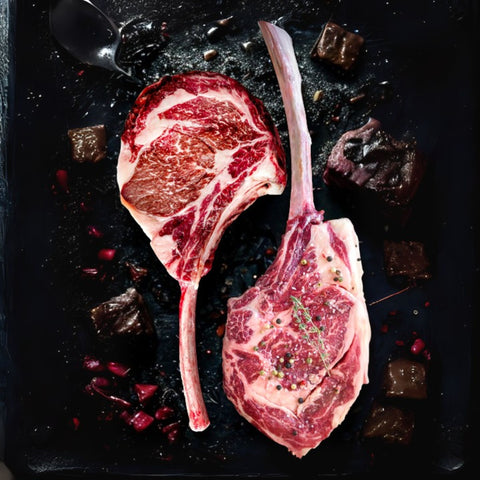 Two raw wagyu beef tomahawk