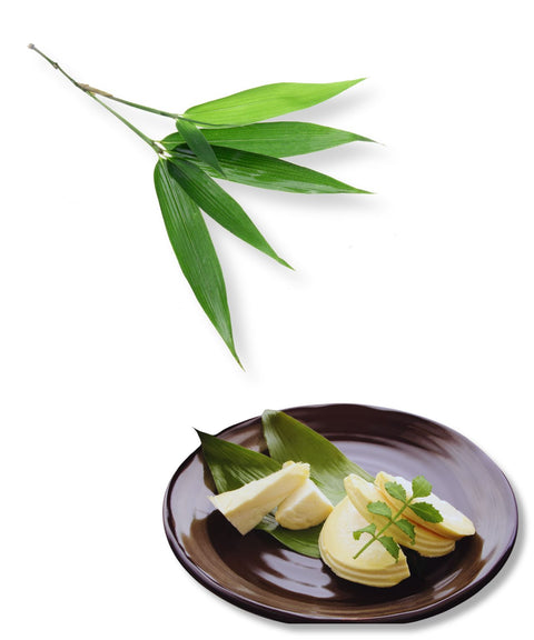 Dessert on a brown plate with green leaves on a white background