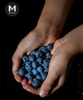 Two hands cupping a small pile of fresh blueberries against a black background, with a circular 'MMMMI' logo in the top-left corner.