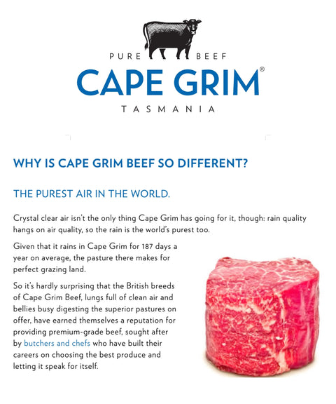 The Cape Grim Difference infographic: 100% grass-fed, hormone-free Tasmanian Angus beef