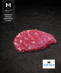 Close-up of Cape Grim grass-fed Angus beef flank steak showing the grain