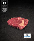 Cape Grim grass-fed Angus beef ribeye steak, close-up view