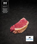 Cape Grim grass-fed Angus beef striploin steak, close-up view