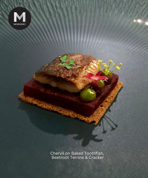Garnish Chervil on Delicate dish of baked toothfish with beetroot terrine and cracker on a textured plate.