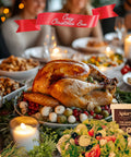 Roasted turkey on a Christmas dinner table with 'Cosy Christmas Box' banner.