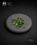 A small pile of fresh Mizuna microgreens sits on a round dark gray stone plate against a dark textured background. The MMMMI logo is in the top-left corner, and the text 'Red Mizuna Microgreens' is in the bottom-right.