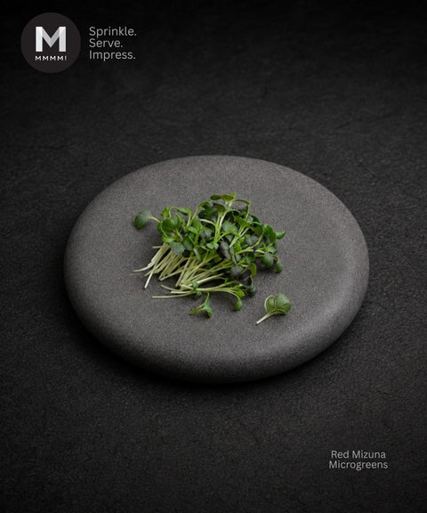 A small pile of fresh Mizuna microgreens sits on a round dark gray stone plate against a dark textured background. The MMMMI logo is in the top-left corner, and the text 'Red Mizuna Microgreens' is in the bottom-right.