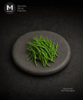 A plate with Salicornia/ sea Asparagus/ glass worts. These are salty grass that pairs well with seafood and light tasting dish such as tofu etc.