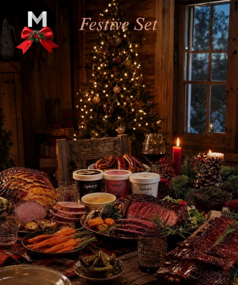Mmmm! Festive Christmas Set 2026 for 6–8 people with bone-in gammon ham, honey baked ham, roast beef, BBQ pork ribs and festive sides