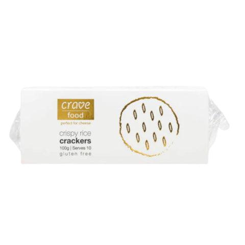 Packaging of crave food crispy rice crackers on a white background