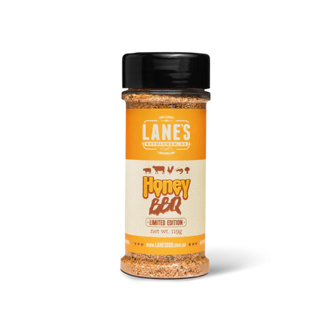 Spice jar labeled 'Lanes Honey BBQ' on a white background