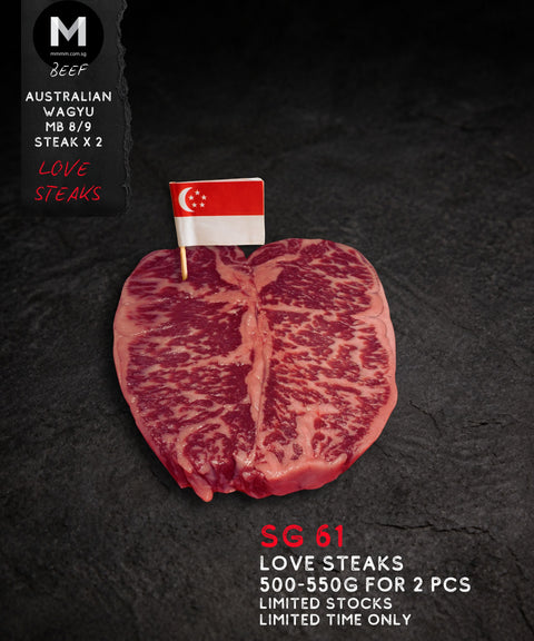 Raw Australian Black Opal Wagyu MB 8/9 Love Steak, 2-piece set, from Mmmm! Singapore, showing rich fine marbling