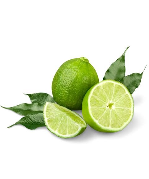 Green limes with a halved lime on a white background
