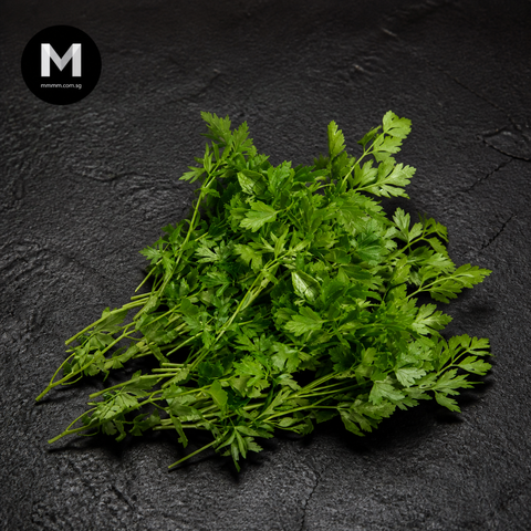 Pile of fresh green Italian Parsley herbs on a dark textured surface