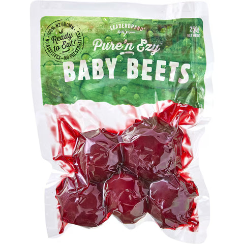 Packaged baby beets with 'Pure'n Ezy' branding on a white background