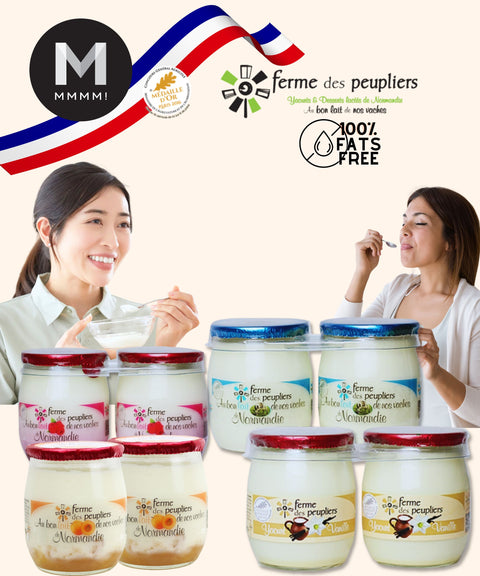 Jars of 0% Fat Free yogurt with branding and two women enjoying the product against a white background.