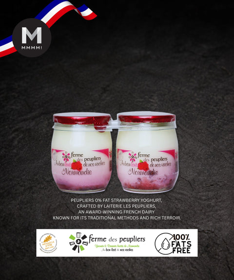 Two jars of  raspberry yogurt with a dark background and branding elements.
