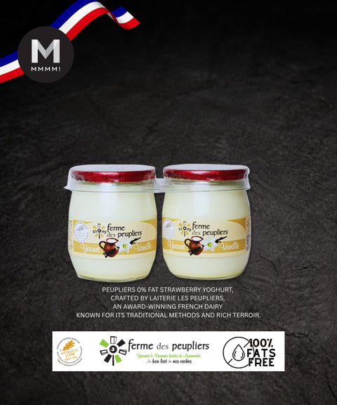 Two jars of vanilla yogurt with a dark background and branding elements.