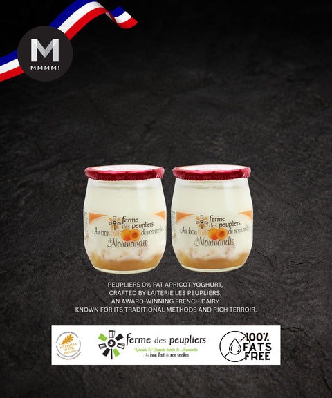 Two jars of apricot yogurt with a dark background and MMMMI logo.