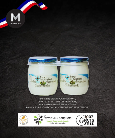 Two jars of plain yogurt with 0% fats and sugar a brand logo on a dark background