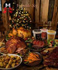 Mmmm! Yuletide Christmas Set 2026 for 9–12 people with roasted turkey, gammon ham, sliced roast beef, carrots and potatoes in front of a Christmas tree