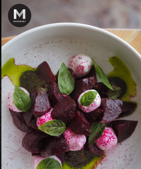 Cooked Baby Beetroot salad with whipped cream cheese and fresh basil