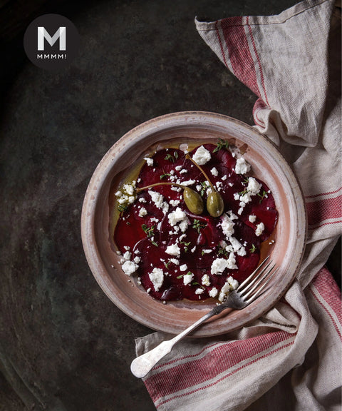 Beetroot carpaccio salad with feta cheese and capers