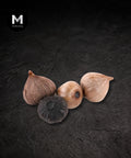 Whole and split black garlic bulbs on a black background