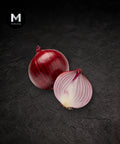 Spanish Red Onion, whole and halved, on black background