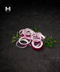 Sliced Spanish Red Onion rings on black background