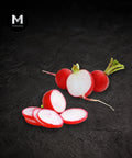 Fresh red radishes, including whole radishes with green tops and sliced radishes showing red-and-white flesh, arranged on a dark textured background.